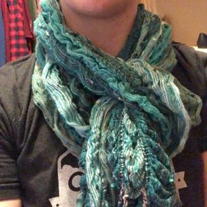 Ruffled and fringe turquoise scarf